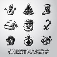 Set of freehand CHRISTMAS icons - snowman tree sock hat