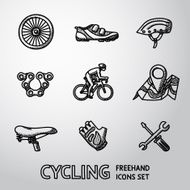 Set of Cycling freehand icons - wheel shoe helmet chain