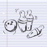 Simple doodle of a bowling ball and skittles N3