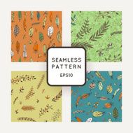 Set of four vector abstract seamless patterns feather and leaf