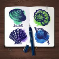 Set of hand drawn sketch and watercolor seashells Sketchbook pa