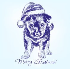 Christmas puppy in Santa stocking hat hand drawn vector llustration