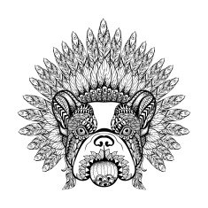 Hand Drawn French Bulldog in Feathered War bonnet