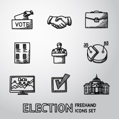 Set of handdrawn ELECTION icons with - vote box handshake