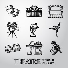 Set of freehand Theatre icons - masks theater stage cinema