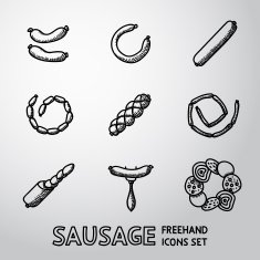 Set of freehand Sausage icons with different shapes and types