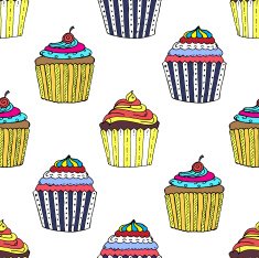 Colorful Hand-drawn Cup Cake Pattern on White Background