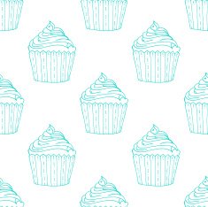 Blue Hand-drawn Cup Cake Outline Pattern on White Background N2
