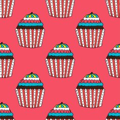 Colorful Hand-drawn Cup Cake Pattern on Red Background