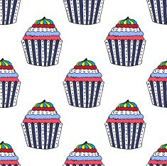 Colorful Hand-drawn Cup Cake Pattern on White Background N2