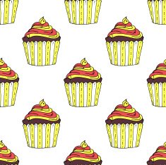 Colorful Hand-drawn Cup Cake Pattern on White Background N3