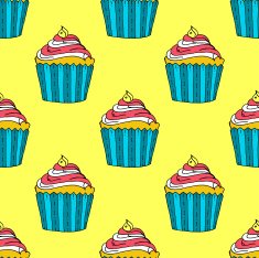 Colorful Hand-drawn Cup Cake Pattern on Yellow Background