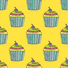 Colorful Hand-drawn Cup Cake Pattern on Yellow Background N2