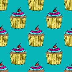 Colorful Hand-drawn Cup Cake Pattern on Blue Background