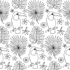 Seamless hand drawn doodle pattern with toucan and tropical elements