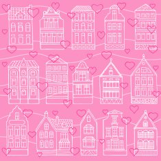 Seamless pattern with hand drawn houses and hearts