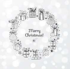 Xmas card with doodle sketch gift boxes