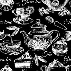 Tea and cake seamless pattern Hand drawn sketch vector illustra