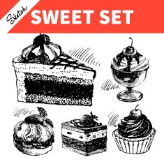 Sketch sweet set Hand drawn illustrations of cake and icecream