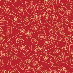 Seamless pattern with doodle gift box on red background