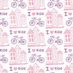 Hand drawn seamless pattern with cute houses and bicycle