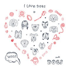Dogs Vector Set in Heart shaped Hand Drawn Doodles