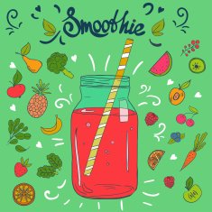 Template with hand drawn fruits and smoothie jar