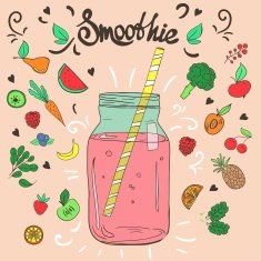 Hand drawn fruits smoothie jar and doodles