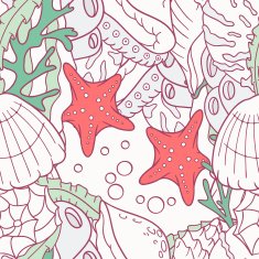Doodle sea seamless pattern with starfish and shells