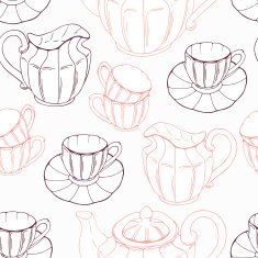 Seamless pattern with sketch style tea service and leaves