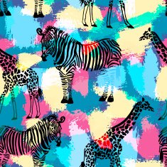 Hand drawn seamless pattern with zebra and giraffe