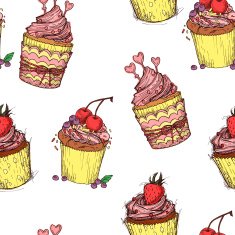 Hand drawn seamless pattern - Sweet cupcakes Sketch background
