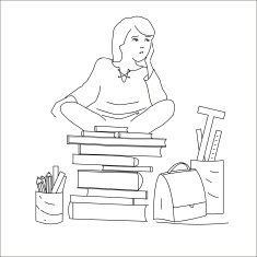 Hand Drawn Cartoon Student Sitting on Books