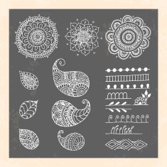 Henna tattoo doodle vector elements on black background