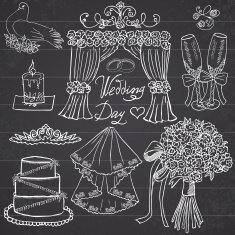 Wedding day elements Hand drawn set on chalkboard background