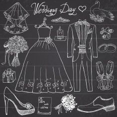 Wedding day elements Hand drawn set on chalkboard background N3