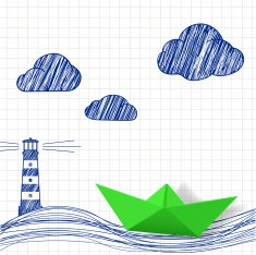 Paper boat and painted lighthouse