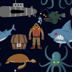 Deep sea seamless pattern Diver and shark on black background