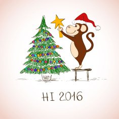 New Year Card With Funny Monkey Decorate The Christmas Tree