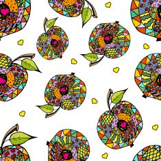 Zentangle colorful apple on white background seamless pattern