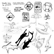 Hand drawn sketh set with sharks and surfer