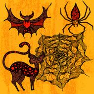 Decorative set for Halloween with cat bat spider and web