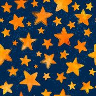 Orange watercolor painted stars on blue background vector seamless pattern