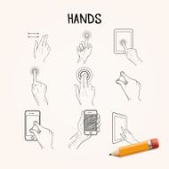 Vector hand drawn hands with mobile phone buttons touchpad