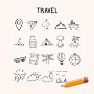 Universal Set of Vector Doodle Icons travel hand drawn objects