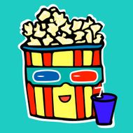 Popcorn drinks cola while watching movie in theater anaglyph glasses