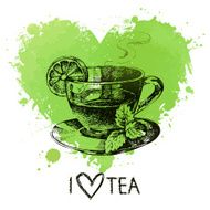 Tea background with splash watercolor heart and sketch N3