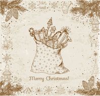 Vintage Christmas card with sack full of gifts N2
