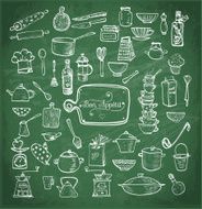 Set of kitchen utensils hand-drawn on blackboard