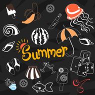 black and white summer theme with colored hand drawn doodles
